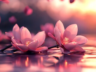 The image features a pink lotus flower accompanied by floating hearts with a sunset in the background