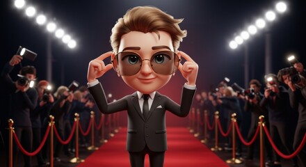 Cartoon celebrity on the red carpet ignoring paparazzi with his hands on ears attitude