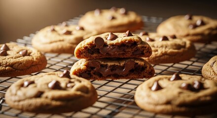 Decadent Chocolate Chip Cookies with Molten Center on Wire Rack.
