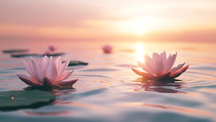 A serene summer lake at dawn is depicted with soft ripples, floating lotus flowers, and warm, diffused light