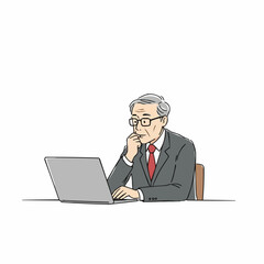 Elderly man thinking while working on a laptop in office setting  