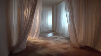 moodboard for choreographed routine | alignment of lingering presences | evacuated memory | resin brown under whispering white | angled corridor split | threadbare curtain pushed slightly | soft