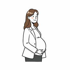 Pregnant woman smiling while holding her belly in business attire  