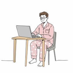 Young man working on laptop at wooden table in cozy pajamas  