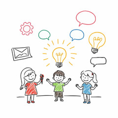Children brainstorming ideas with lightbulbs and speech bubbles  