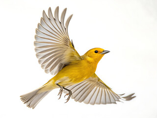Obraz premium A yellow warbler in flight against a white backdrop showcasing its wings and vibrant plumage details clearly