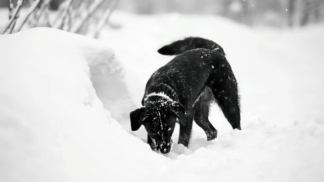 Black dog exploring snow, surrounded by falling snowflakes.