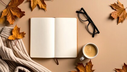 Autumn Cozy Scene: Notebook, Coffee, and Fallen Leaves