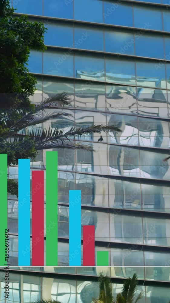 Poster bar chart animation over modern glass building with tree and palm in foreground