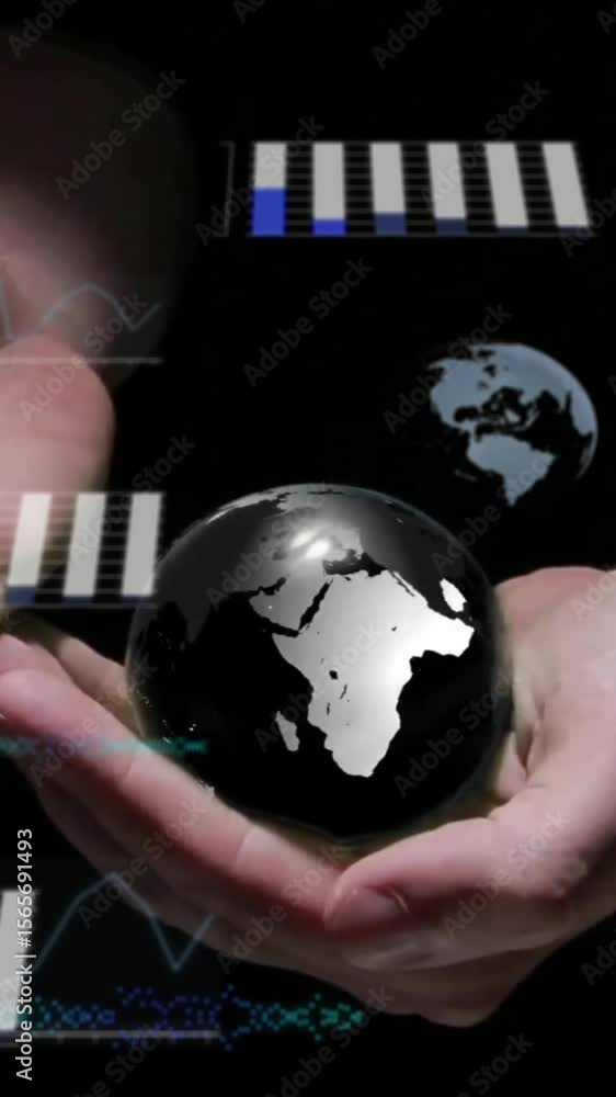Poster holding globe, hands with financial data processing animation over black background