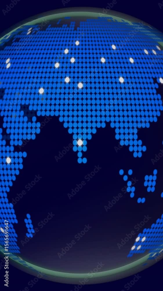 Poster rotating globe with blue pixelated continents, global data visualization animation