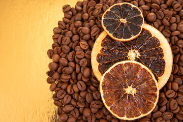 Vibrant dried orange slices contrast with dark coffee beans on a golden reflective surface, a feast...