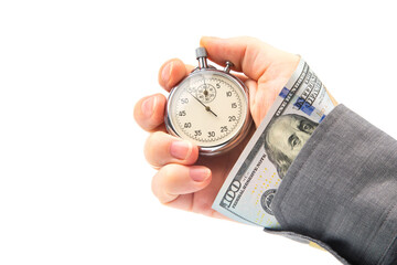 mechanical stopwatch and dollars in man hand. Part time accuracy for business. business and finance...