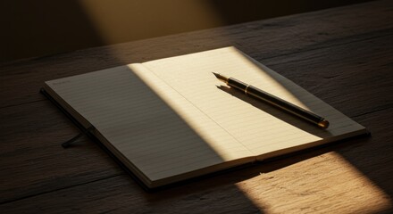 Open notebook and fountain pen bathed in sunlight on weathered wooden surface inviting journaling