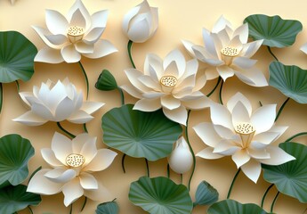 The design of 3D wall tiles features a white lotus accompanied by a green leaf on a grey marble background