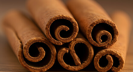 A tantalizingly close view of cinnamon sticks, showcasing their intricate rolls and textures,Captivating cinnamon sticks with warm tones, inviting the aroma of spice and culinary delights