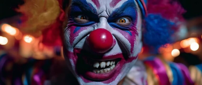 A spooky, angry clown wearing a multicoloured Halloween mask is actively dancing.