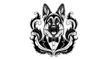 Fototapeta premium German shepherd dog in tuxedo with ornate floral design background 