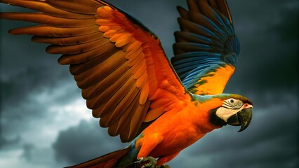 A vibrant macaw in flight against a backdrop of cloudy skies with wings extended