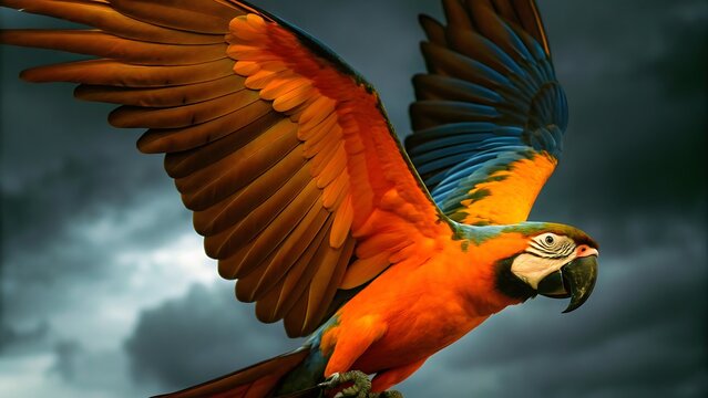A vibrant macaw in flight against a backdrop of cloudy skies with wings extended