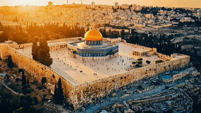 Aerial View of Dome of the Rock in Jerusalem at Sunset