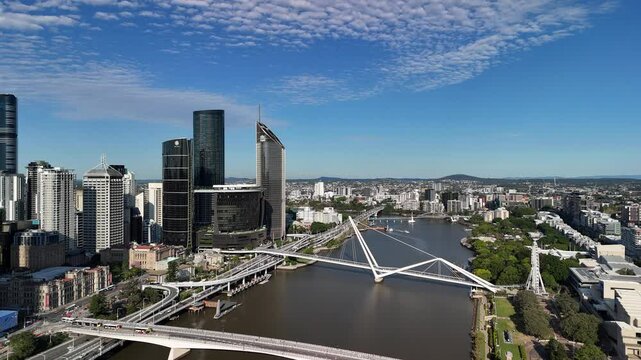 Brisbane CBD, Queensland, Australia: 4K Aerial Drone Footage of Modern City Skyline, Skyscrapers, The Neville Bonner Bridge, Brisbane River, Urban Infrastructure, Waterfront and Parklands