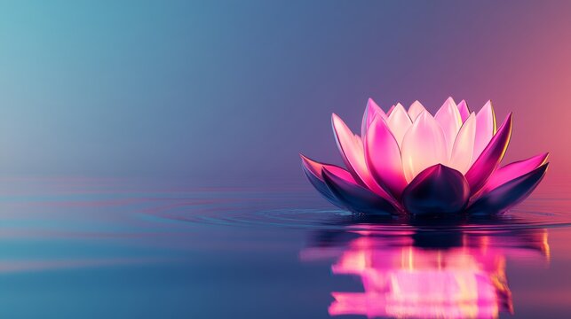 The image of a glowing lotus flower reflecting in water is filled with vibrant colors
