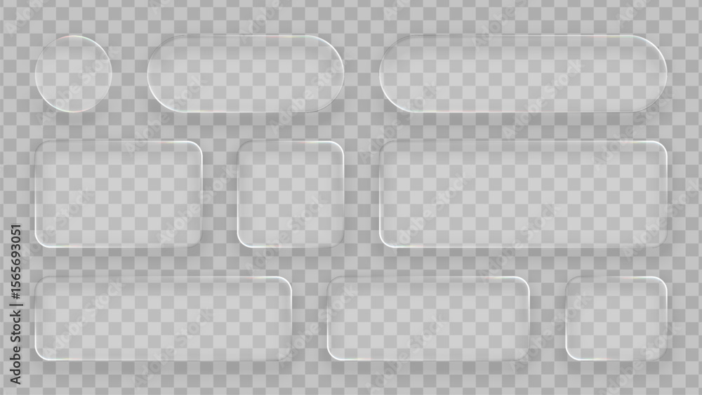 Poster Set of liquid glass vector frames and shapes with reflection and shadow. Realistic abstract modern empty plates on transparent background for ad.
