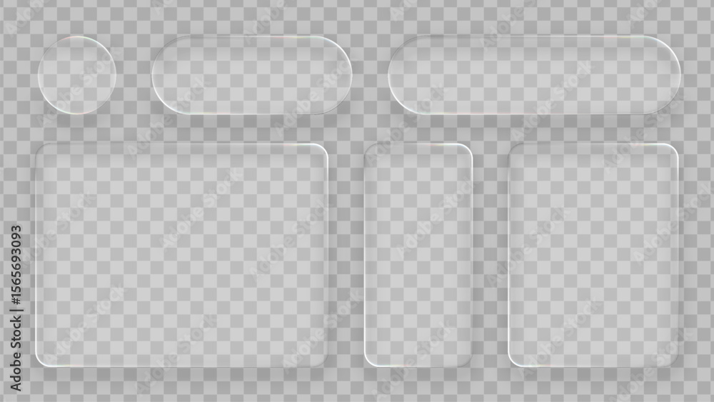 Poster set of liquid glass vector frames with reflection effect. clear glossy button rectangle, square, cir