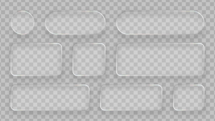 Set of liquid glass vector frames and shapes with reflection and shadow. Realistic abstract modern empty plates on transparent background for ad.