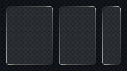 Liquid glass effect frame set for ui design. Transparent screens for digital interface. Graphic template isolated on dark background.