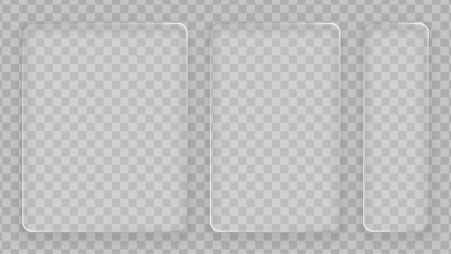 Three liquid glass frames with rounded corners. Realistic glassy transparent rectangle panels for a display or a screen.