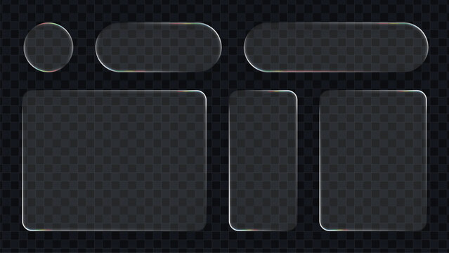 Set of liquid glass vector elements with a refraction effect. Collection of transparent shiny liquid glass shapes for design.