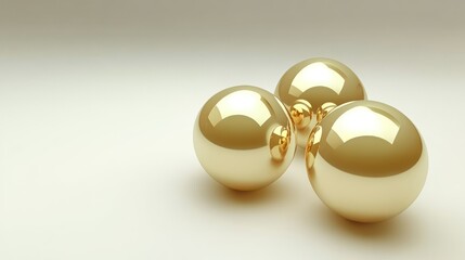 Three gold spheres on beige background, minimalist design, website banner