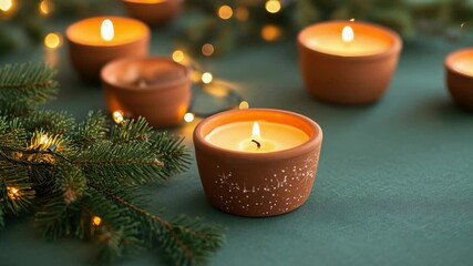 Set of lit candles in red clay pots on green festive tablecloth - Powered by Adobe