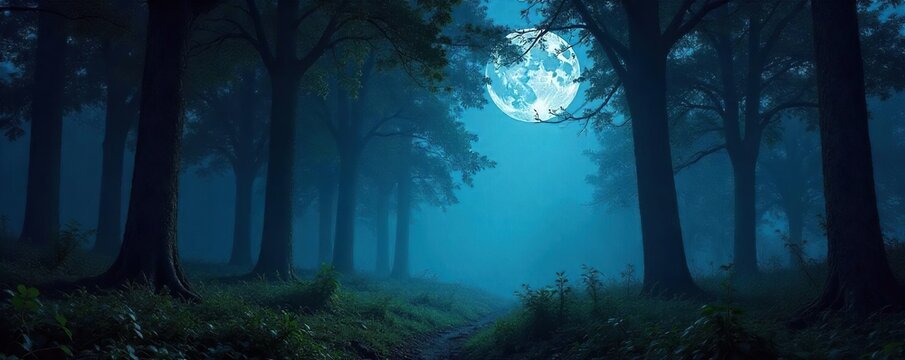 Tranquil Moonlight Forest Mysterious Night Scene with Long Shadows, Perfect for Fantasy and Nature Themes