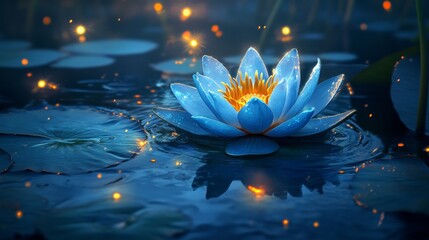 The dark night is illuminated by a glowing blue lotus flower on the water, complete with reflections and sparkles