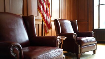 Interior view of two leather armchairs with american flag and window in background