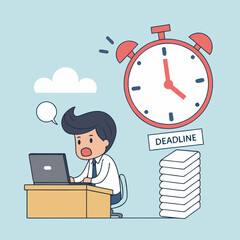 Businessman Facing Deadline with Laptop and Alarm Clock