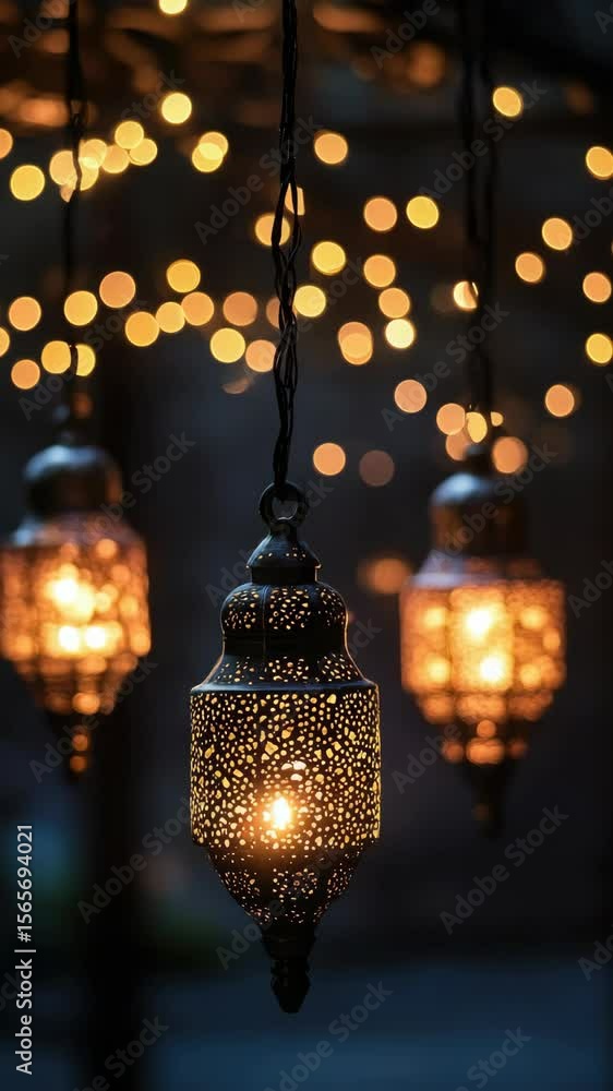 Poster vibrant lanterns hanging from strings create a captivating night scene, evoking festive atmosphere a