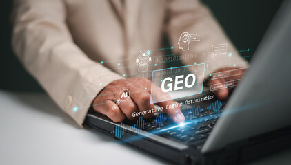 Generative Engine Optimization (GEO) concept. Businessman use generative engine optimization on...