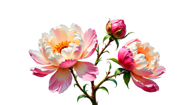 Yellow-white to scarlet watercolor peonies for girls — isolated impasto blooms with contrasting petals and delicate bud