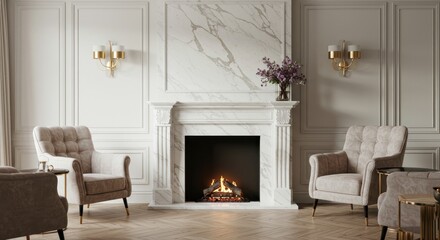 Elegant living space featuring a marble fireplace and comfortable armchairs creates a
