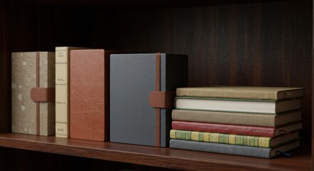 Arrangement of diverse books and notebooks displayed on a wooden shelf surface