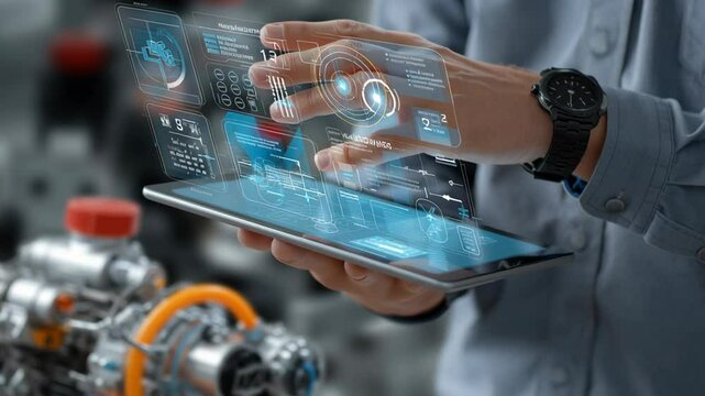 Hydrogen fuel cell technology tablet interface showing futuristic energy innovation with advanced system control and digital energy data display