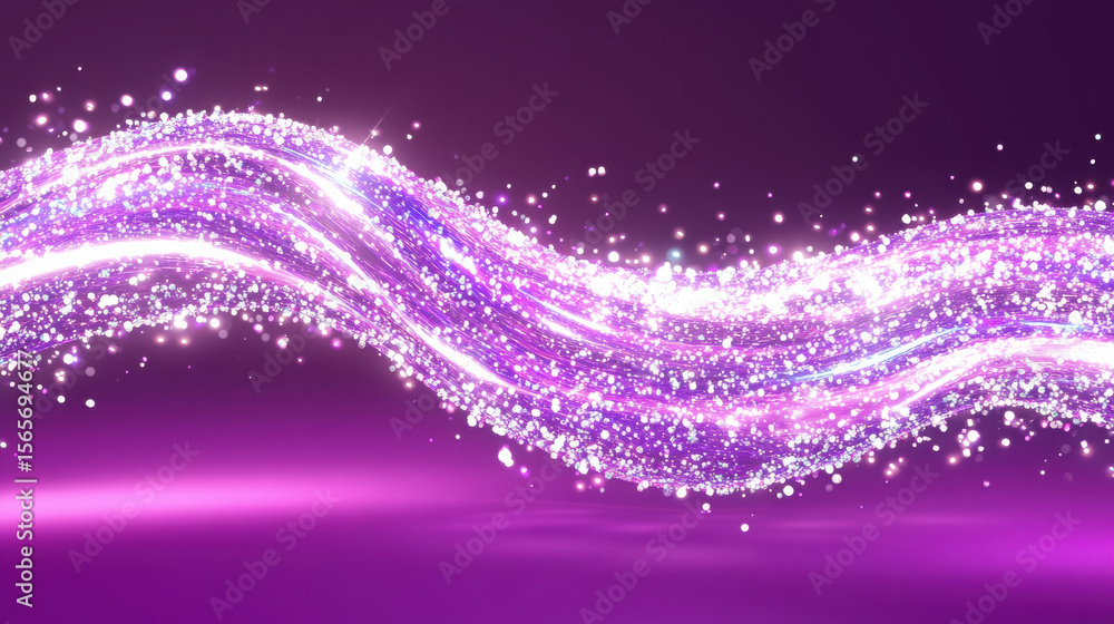 Poster abstract shimmering wave. glowing purple and white particles form a dynamic flow. digital background