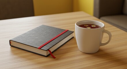 Notebook and chamomile tea, a moment of tranquility amidst busy schedule and productive work
