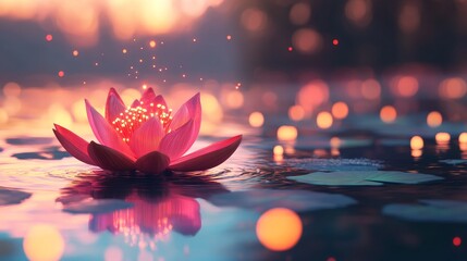 A serene and delicate lotus floats gently on the calm water's surface, which reflects light with a prismatic effect