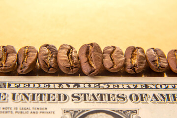 Close-up of coffee beans on a U.S. dollar, showcasing intricate banknote design with a soft-focus portrait, perfect for economic and beverage themes