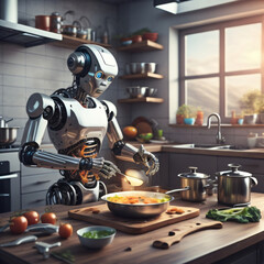 AI-generated image of a robot cooking in a modern kitchen, representing the future of automation and smart technology in culinary arts. The scene highlights innovation, robotics, ia